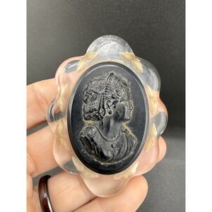 Vintage Black Cameo Lucite Brooch Buttterfly Inclusions
